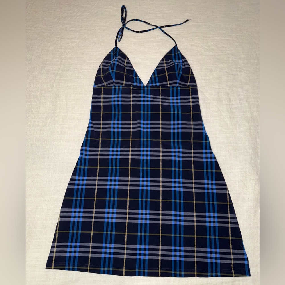 Burberry London Blue Gold Nova Check Halter Mini Dress Swim Cover Up